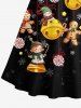 Plus Size Christmas Candy Snowflake Swnoman Bell Gingerbread Print Scalloped V Neck Dress With A Belt -  