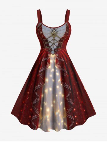 Plus Size Glitter Christmas Light 3D Costume Print A Line Dress - RED - 2X