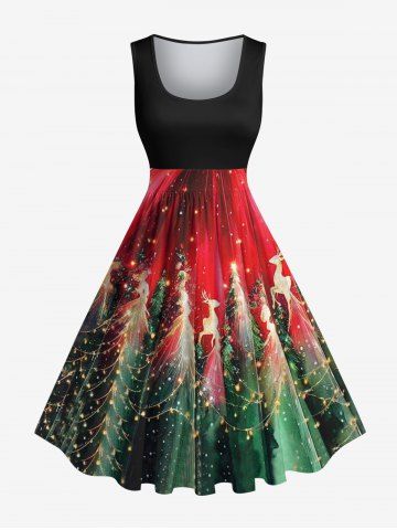 Plus Size Christmas Tree Light Elk Print Vintage Swing A Line Dress - RED - XS