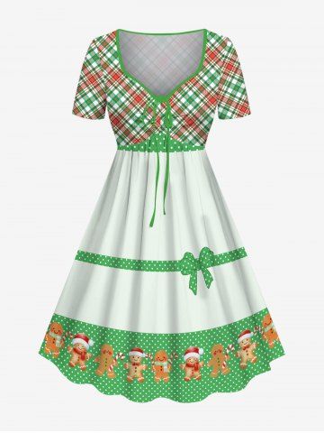 Plus Size Christmas Hat Gingerbread Polka Dots Ribbon Bowknot Print Cinched Dress - GREEN - S