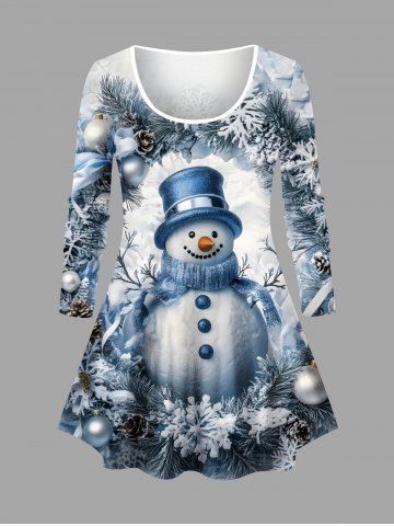 Plus Size Christmas Ball Snowman Snowflake Print Long Sleeves T-shirt - LIGHT BLUE - M