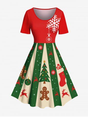 Plus Size Christmas Elf Tree Gingerbread Snowflake Elk Print Vintage Dress - RED - 5X
