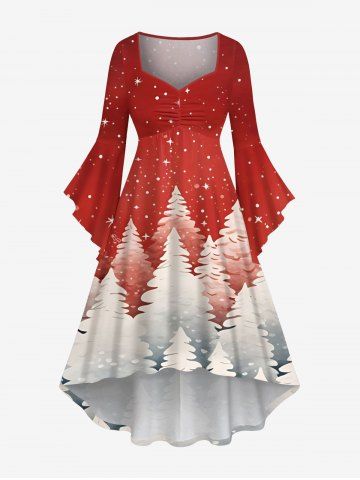 Plus Size Christmas Tree Glitter Stars Print Ruched High Low Asymmetric Dress - RED - XXS