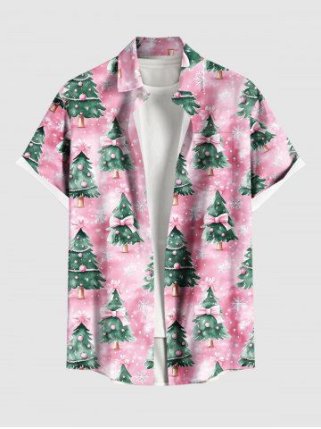 Plus Size Christmas Tree Ball Bowknot Snowflake Print Buttons Pocket Shirt For Men - LIGHT PINK - 6XL