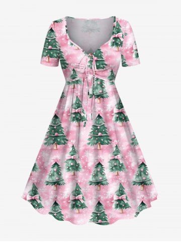 Plus Size Christmas Tree Ball Bowknot Snowflake Print Cinched Dress - LIGHT PINK - XXS