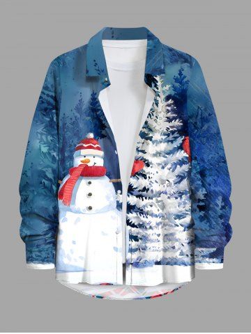 Chemise à manches longues boutonnée grande taille pour homme, imprimée sapin de Noël, bonhomme de neige et forêt