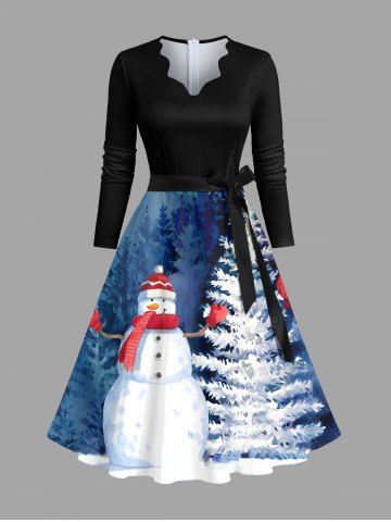 Plus Size Christmas Tree Snowman Forest Print Scalloped Neck A Line Dress with Removable Belt - SKY BLUE - 2XL