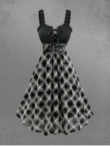 Plaid Printed Lace Up A Line Dress - BLACK - L