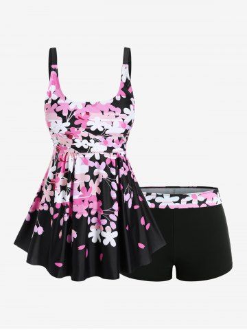 Plus Size Flower Petal Print Boyleg Tankini Swimsuit (Adjustable Shoulder Strap) - BLACK - M | US 10