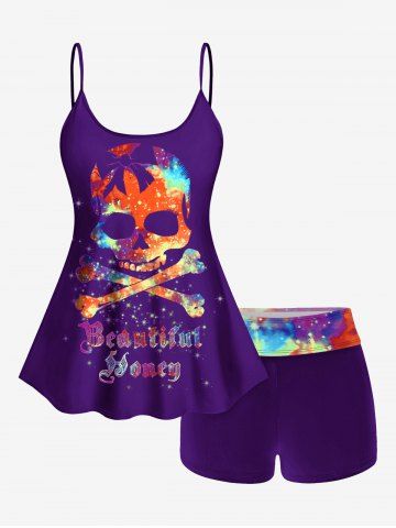 Plus Size Skull Glitter Print Boyshorts Tankini Swimsuit (Adjustable Shoulder Strap) - CONCORD - 3X