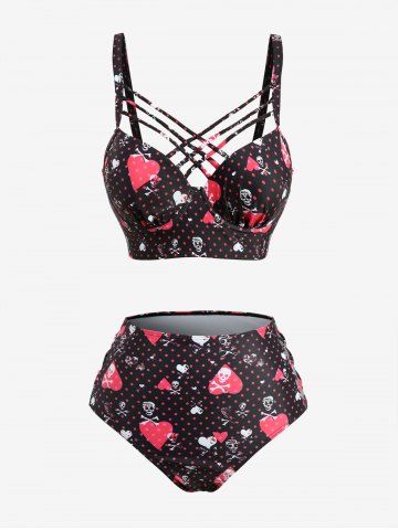 Skulls Heart Polka Dots Print Lattice Crisscross Braided Tankini Swimsuit - BLACK - XXXL