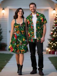 Ensemble assorti grande taille pour couples : bas de Noël, clochette, ours, bonbons, imprimé flocons de neige - Vert 