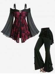 Two Tone Flower Lace Ruched Top and Skull Fishnet Overlay Ruffles Skirted Flare Pants Plus Size Outfit -  