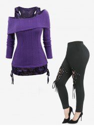 Cable Knit Turndown Collar Sweater and Paisley Flocking Cinched Tank Top and Lace-up Sheer Mesh Leggings Plus Size Outfit -  