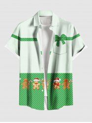 Chemise grande taille pour homme avec bonnet de Noël à pois, ruban et nœud papillon imprimé, boutons et poche. - Vert S