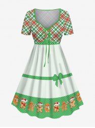 Robe grande taille à imprimé pain d'épice, pois, ruban et nœud papillon, avec chapeau et ceinture. - Vert 5X