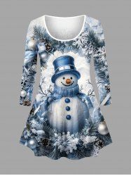 T-shirt à manches longues grande taille avec imprimé boule de Noël, bonhomme de neige et flocons de neige - Bleu clair L