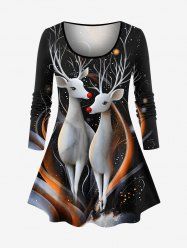 T-shirt à manches longues grande taille avec imprimé 3D pailleté représentant un élan de Noël et des rayons lumineux - Noir S