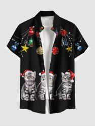 Plus Size Christmas Ball Bell Star Hat Cats Print Buttons Pocket Shirt For Men -  