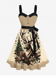 Robe grande taille à imprimé sapin de Noël, boules de neige et élans, boutons, col rabattu et ceinture - Abricot XS