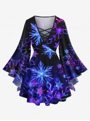 Plus Size Christmas Snowflake Galaxy Print Lattice Crisscross Flare Sleeves T-shirt -  