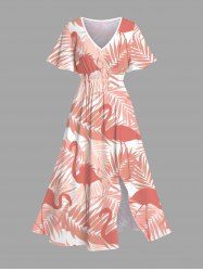 Plus Size Tropical Leaf Flamingo Print Hawaii Split Pocket A Line Midi Dress -  