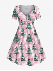 Plus Size Christmas Tree Ball Bowknot Snowflake Print Cinched Dress -  