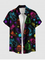 Plus Size Glitter Christmas Tree Light Boots Snowman Print Button Pocket Shirt For Men -  