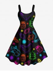 Bottes pailletées grande taille avec guirlande lumineuse de Noël et robe trapèze imprimée bonhomme de neige - Noir S