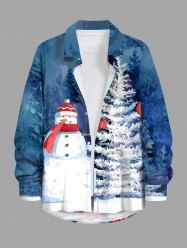 Plus Size Christmas Tree Snowman Forest Print Button Long Sleeves Shirt For Men -  