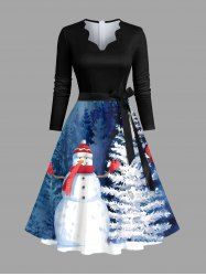 Robe trapèze grande taille à imprimé sapin de Noël, bonhomme de neige et forêt, col festonné et ceinture amovible - Bleu Ciel 4XL