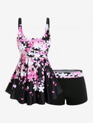 Plus Size Flower Petal Print Boyleg Tankini Swimsuit (Adjustable Shoulder Strap) -  