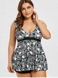 Plus Size Skulls Rose Flowers Print Surplice Layered Boyshorts Tankini Set - Gris 1X | US 14-16