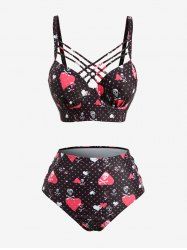 Maillot de bain tankini à imprimé têtes de mort, cœurs et pois, avec tresses croisées. - Noir L