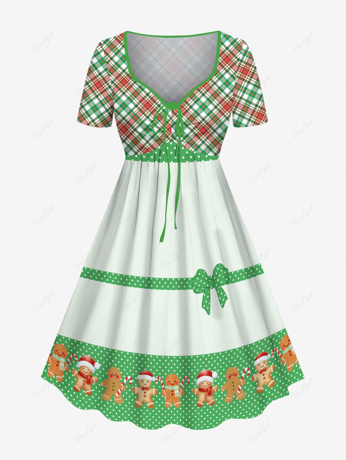 Robe grande taille à imprimé pain d'épice, pois, ruban et nœud papillon, avec chapeau et ceinture. Vert 5X