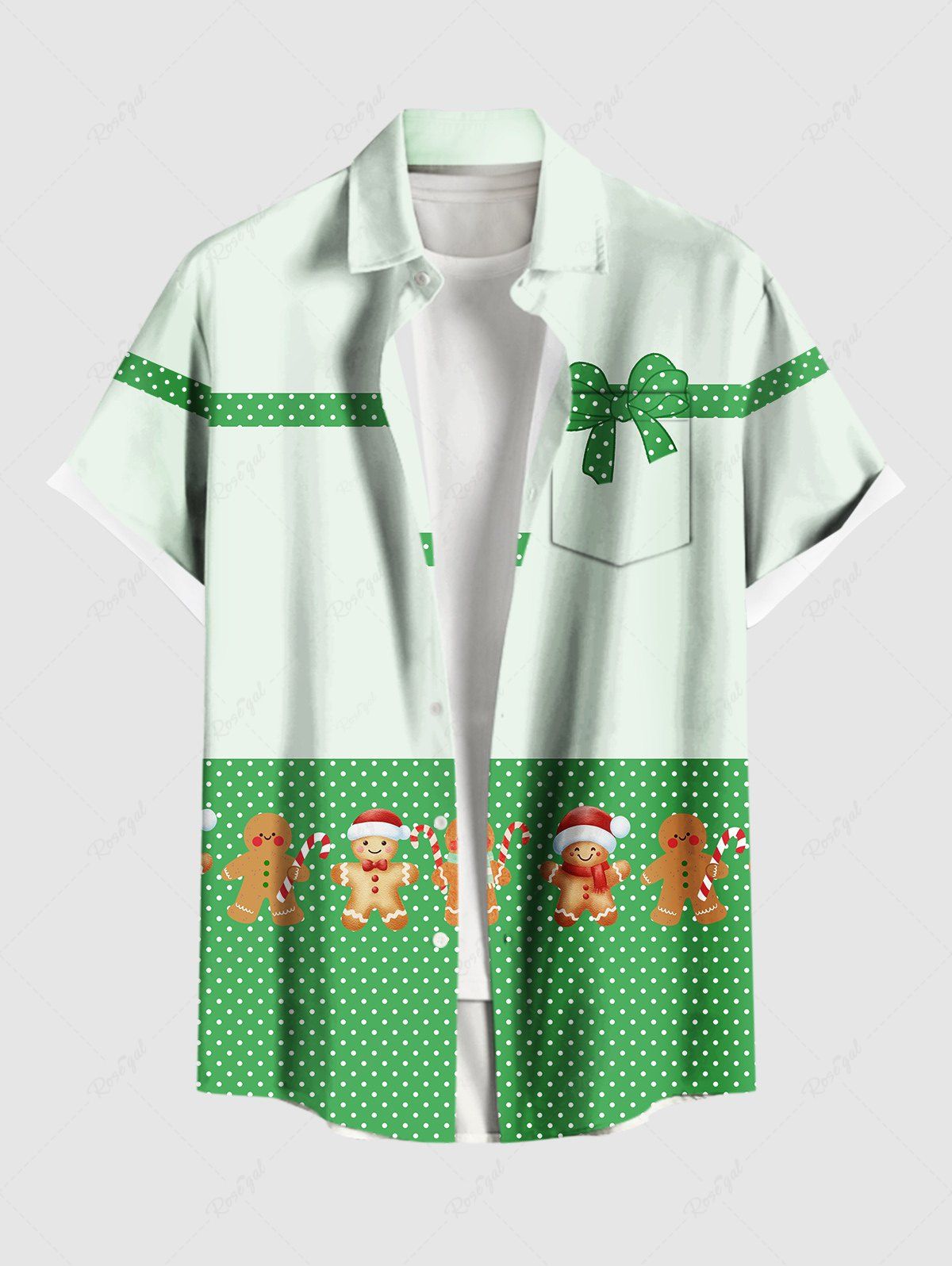 Chemise grande taille pour homme avec bonnet de Noël à pois, ruban et nœud papillon imprimé, boutons et poche. Vert S