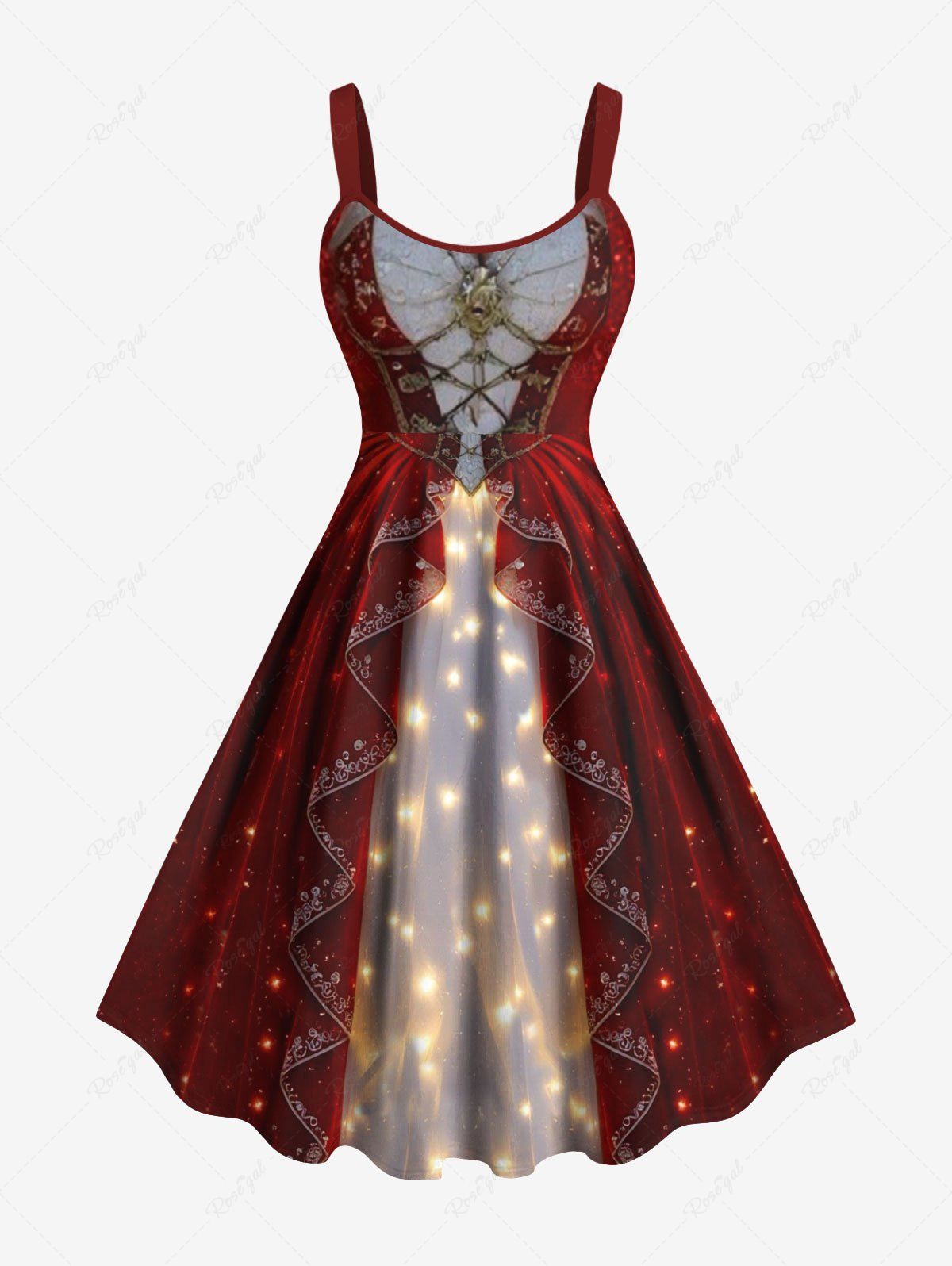 Robe trapèze imprimée 3D à paillettes pour Noël, grande taille Rouge 6X