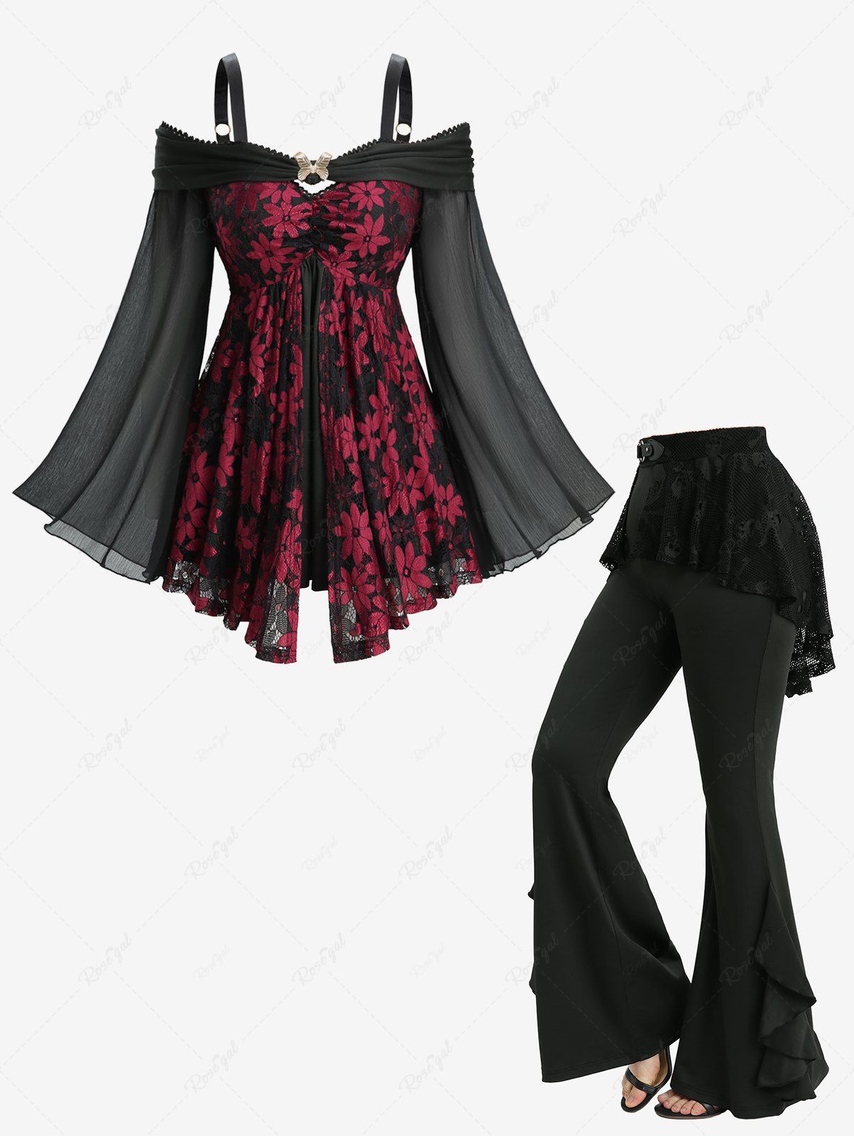 Shops Two Tone Flower Lace Ruched Top and Skull Fishnet Overlay Ruffles Skirted Flare Pants Plus Size Outfit  