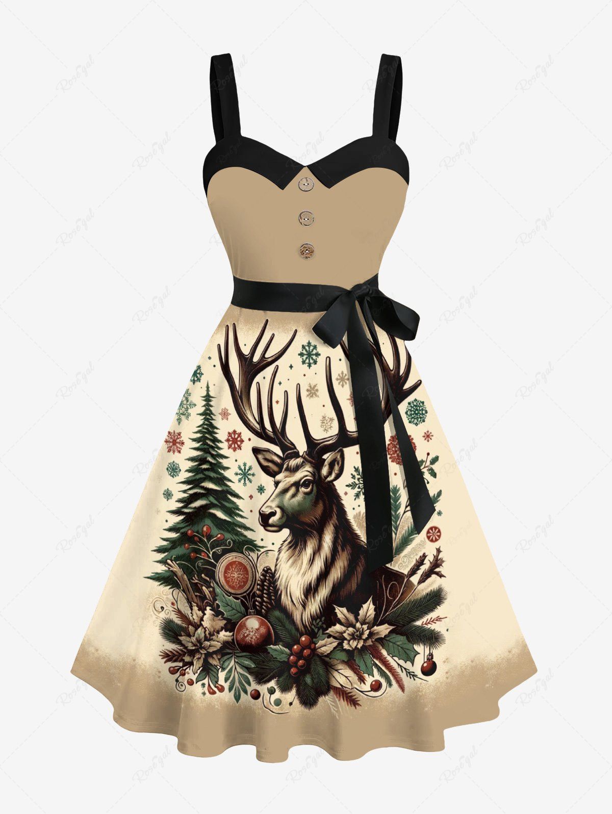 Robe grande taille à imprimé sapin de Noël, boules de neige et élans, boutons, col rabattu et ceinture Abricot 2X