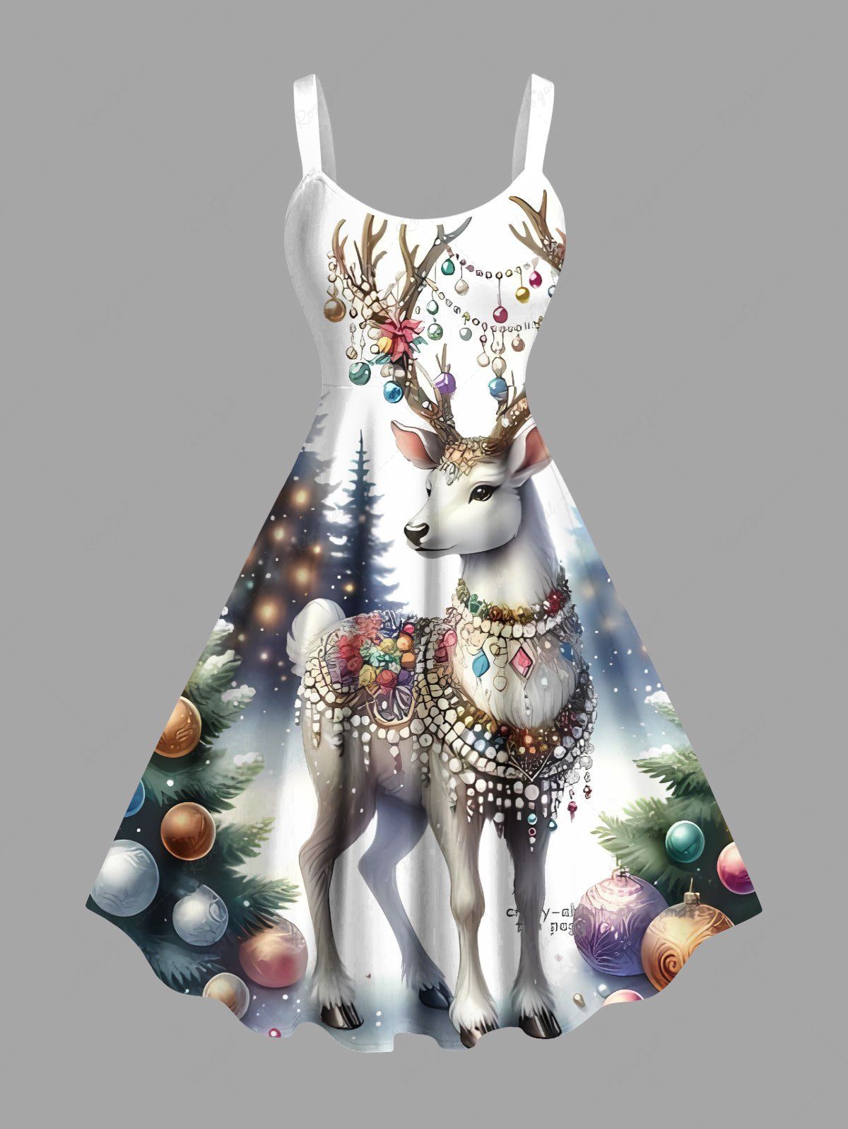 Outfit Plus Size Christmas Tree Ball Light Elk Print Tank Dress  
