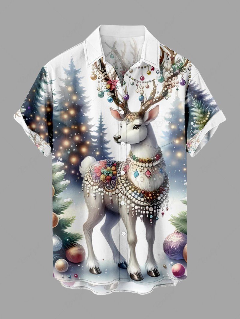 Chemise homme grande taille à boutons et poche, ornée de boules lumineuses de Noël et d'un motif d'élans. Blanc S