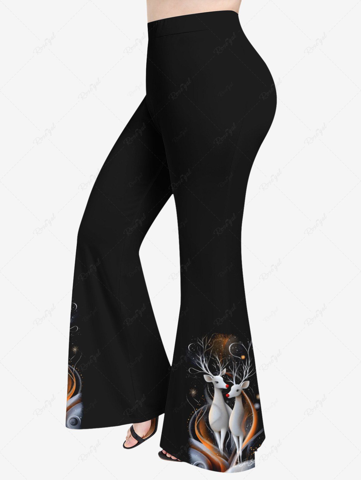Pantalon évasé grande taille à imprimé pailleté 3D avec motif de lutin de Noël Noir XS