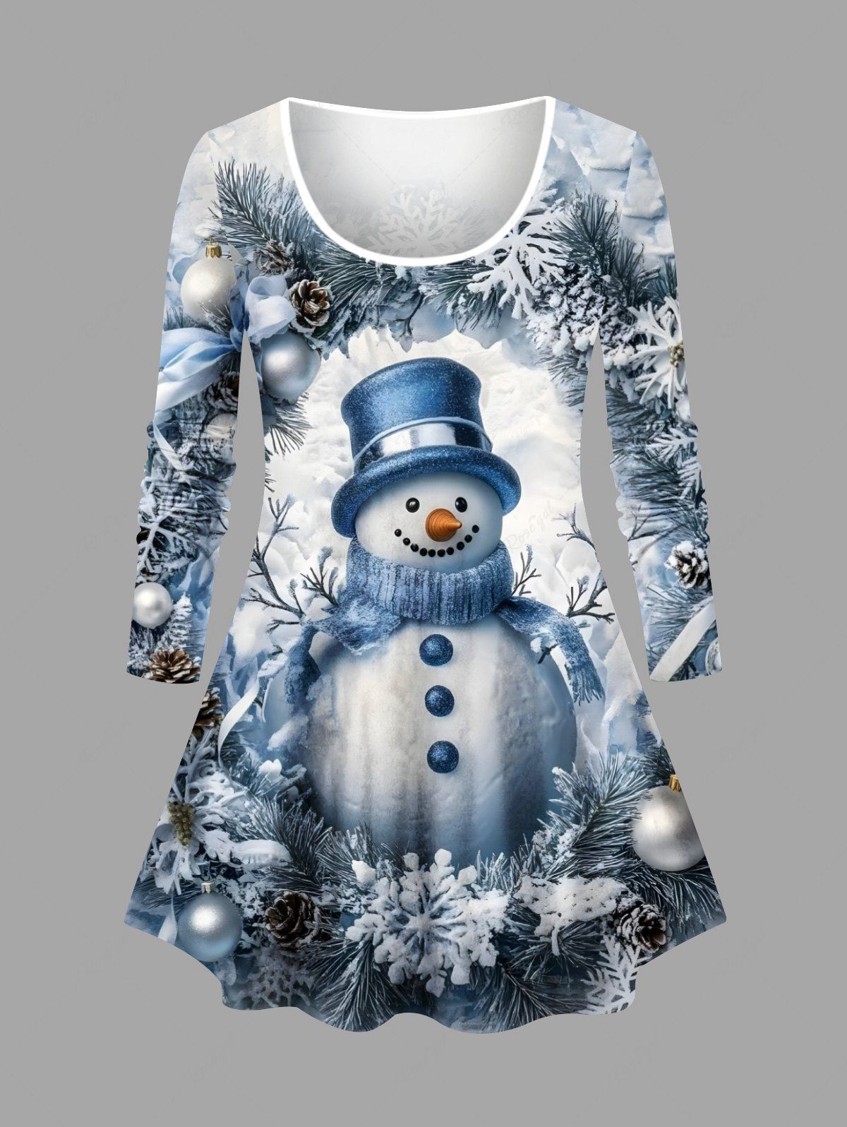 T-shirt à manches longues grande taille avec imprimé boule de Noël, bonhomme de neige et flocons de neige Bleu clair XS