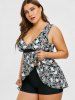 Plus Size Skulls Rose Flowers Print Surplice Layered Boyshorts Tankini Set - Gris 1X | US 14-16