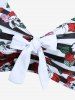 Skull Rose Flower Striped Print Bowknot Halter Lace Up Braided Tankini Swimsuit -  