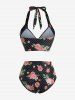 Rose Flowers Dots Print Bowknot Buttons Halter Tankini Swimsuit -  