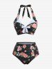 Rose Flowers Dots Print Bowknot Buttons Halter Tankini Swimsuit -  