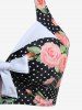 Rose Flowers Dots Print Bowknot Buttons Halter Tankini Swimsuit -  