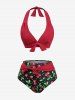 Cherry Print Tied Plunging Halter Backless Tankini Swimsuit -  