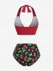 Cherry Print Tied Plunging Halter Backless Tankini Swimsuit -  